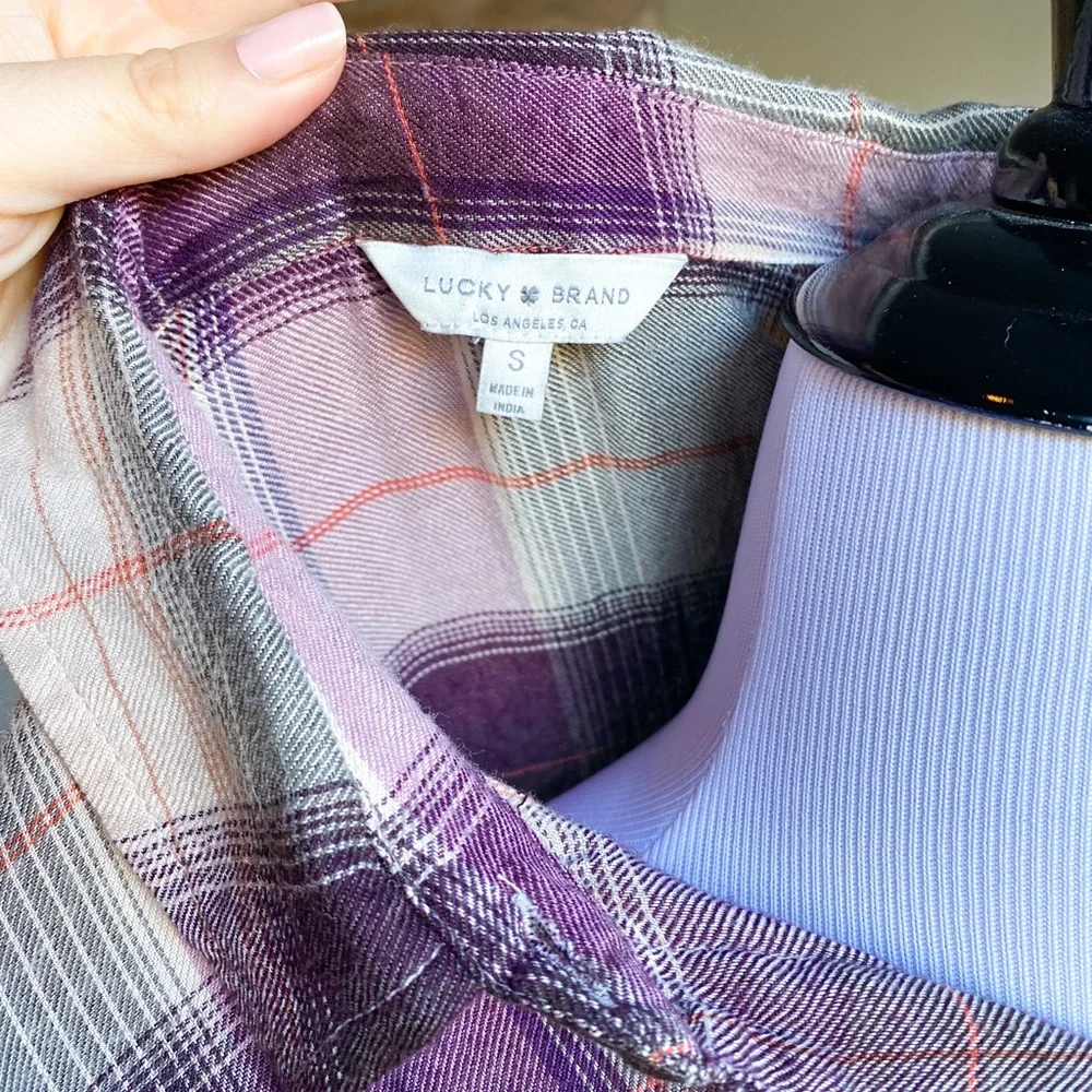 Lucky Brand Plaid Purple Cream Long Sleeve Flannel with Back Button Detail Small - Picture 4 of 9